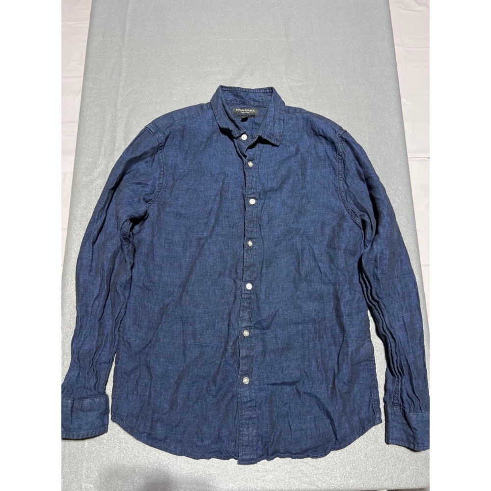 Banana Republic Mens Navy Blue 100% Linen Slim Fit Button Down Shirt Size M